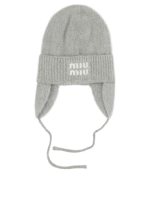 Miu Miu Beanie with earflaps and logo - Grey