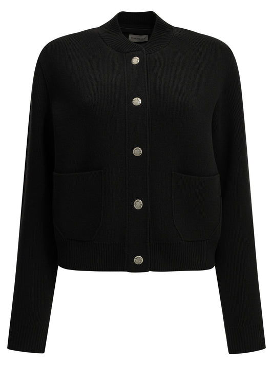 Moncler Wool Cardigan with Logo - Black