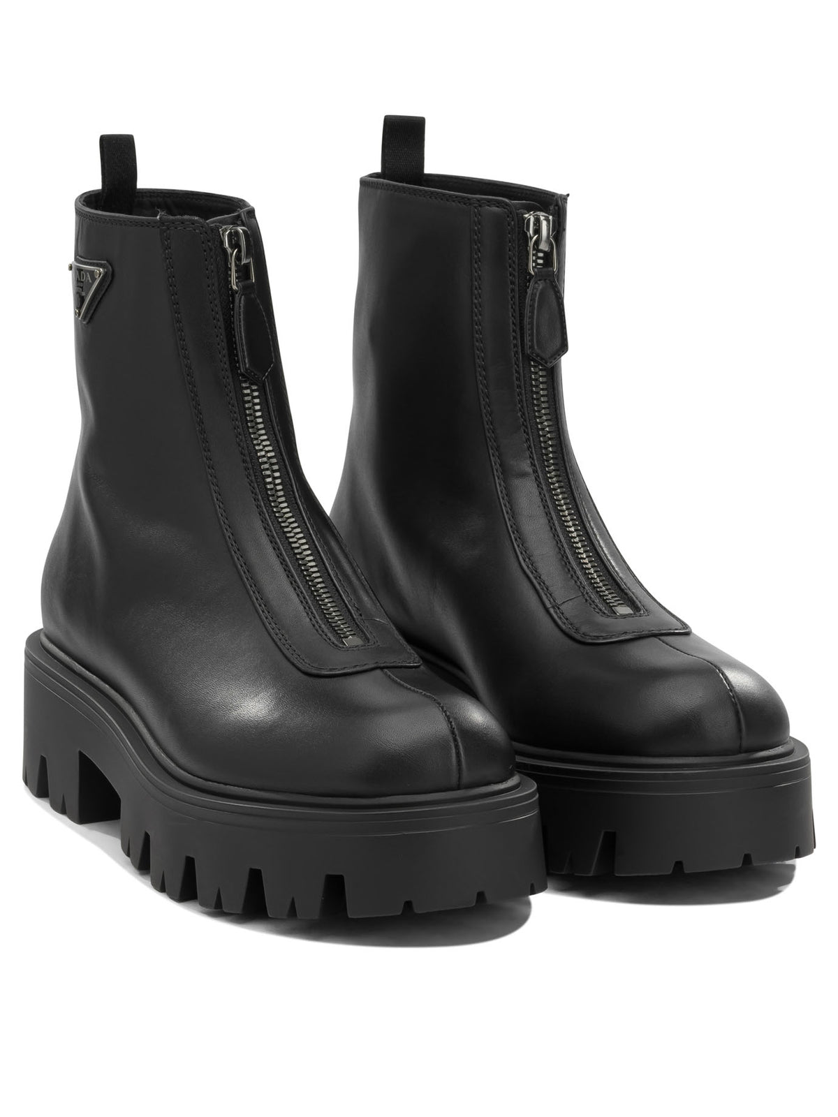 Prada Leather Ankle Boots with Zippers - Black