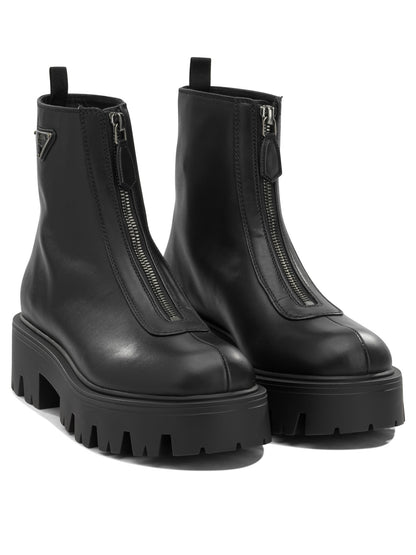 Prada Leather Ankle Boots with Zippers - Black