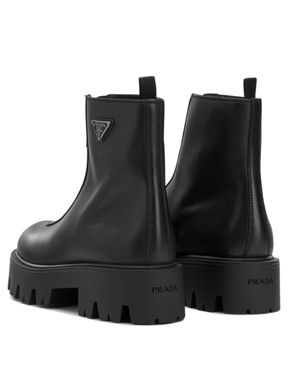 Prada Leather Ankle Boots with Zippers - Black