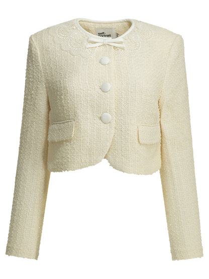 Self-Portrait Bouclé blazer with lace details - White