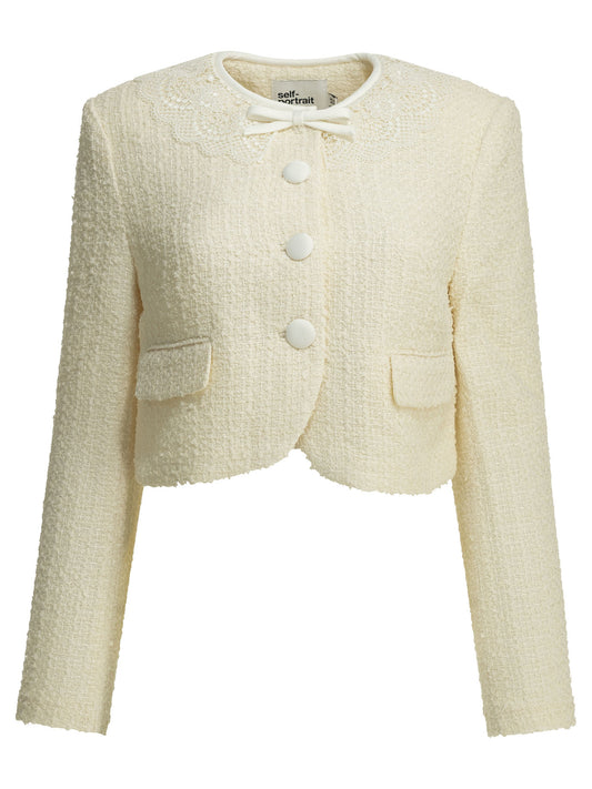 Self-Portrait Bouclé blazer with lace details - White
