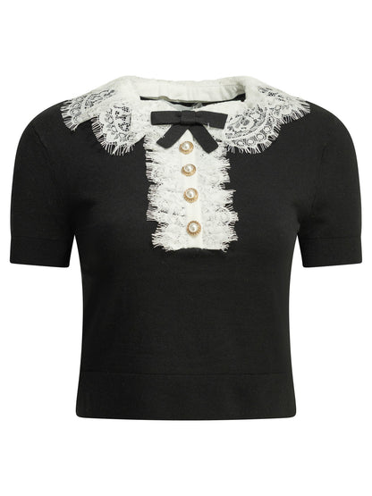 Self-Portrait Sweater with lace collar - Black