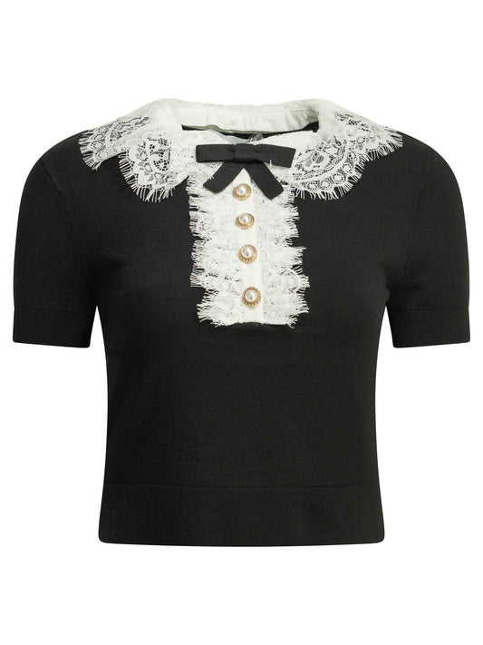 Self-Portrait Sweater with lace collar - Black