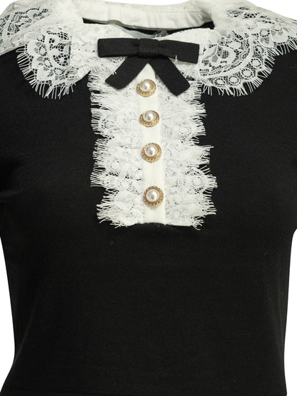 Self-Portrait Sweater with lace collar - Black