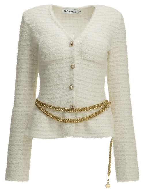 Self-Portrait Textured-Knit Cardigan - White