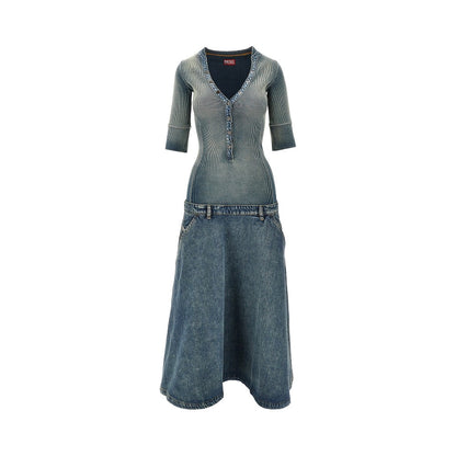 DIESEL Denim and ribbed knit low-rise midi dress