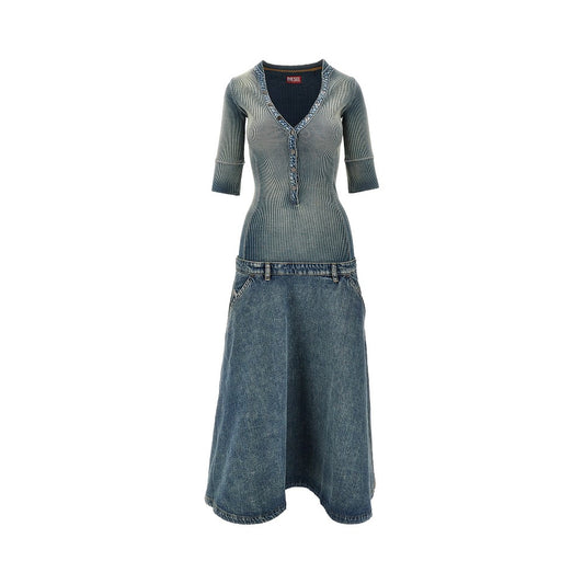 DIESEL Denim and ribbed knit low-rise midi dress