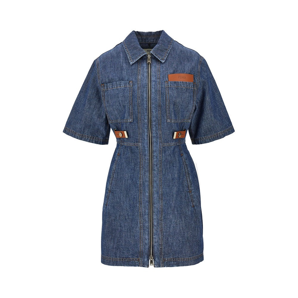 FENDI Chambray mini dress with leather details