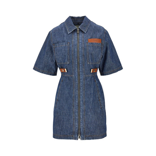 FENDI Chambray mini dress with leather details