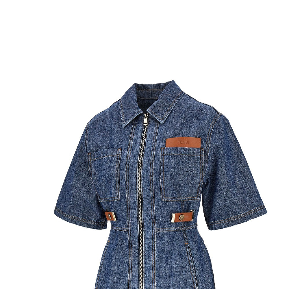 FENDI Chambray mini dress with leather details