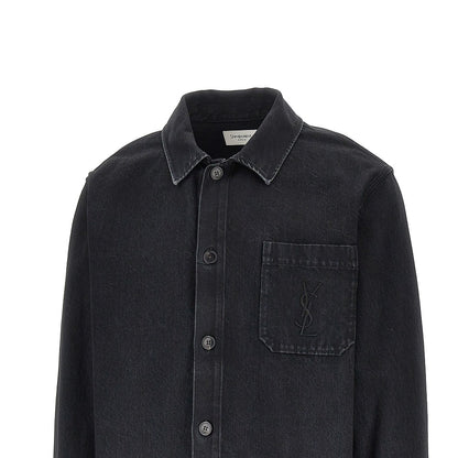 SAINT LAURENT Denim overshirt with Cassandre embroidery