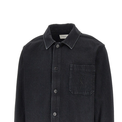 SAINT LAURENT Denim overshirt with Cassandre embroidery