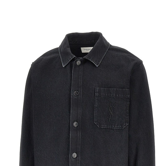 SAINT LAURENT Denim overshirt with Cassandre embroidery