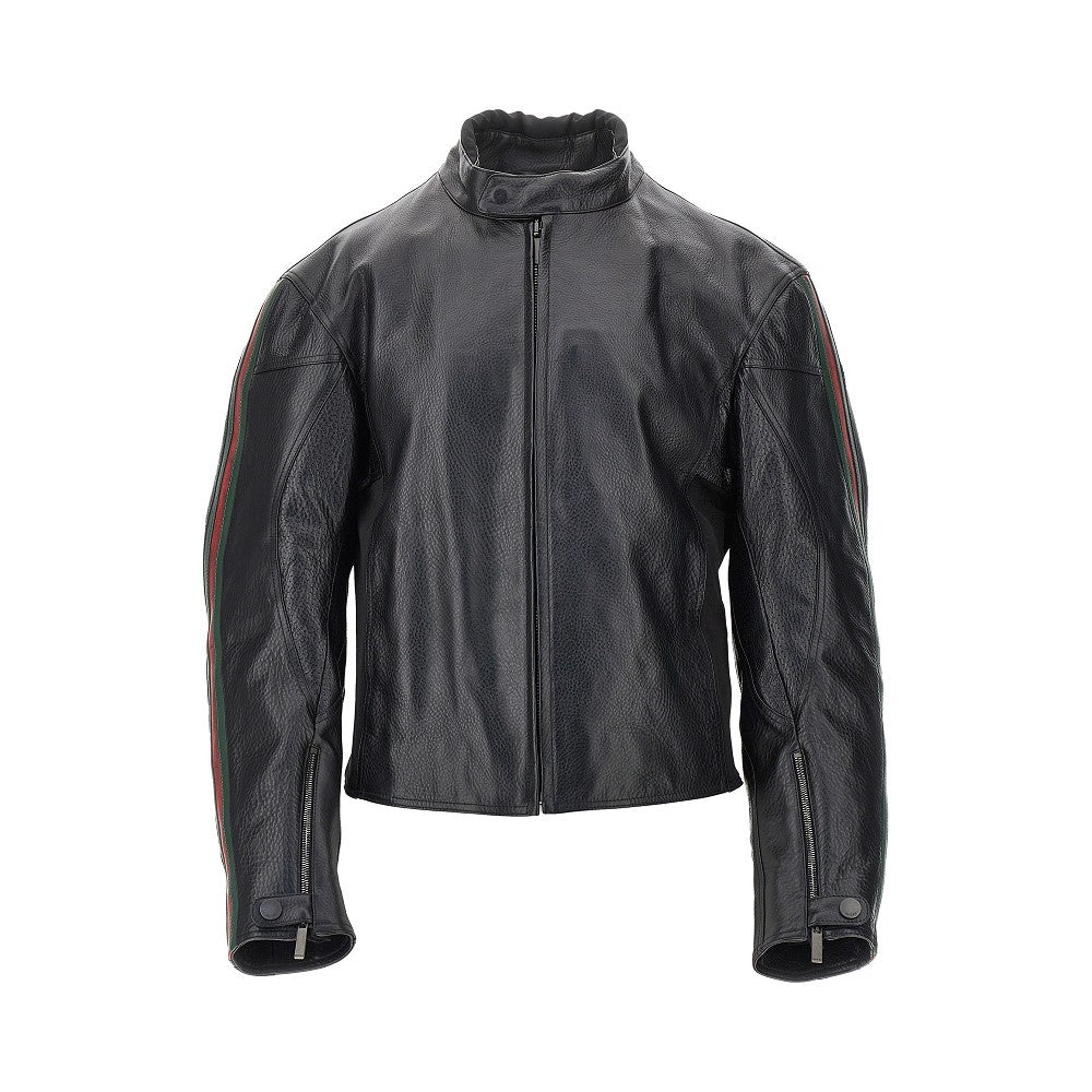 Gucci Leather biker jacket with Web details