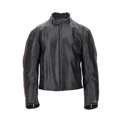 Gucci Leather biker jacket with Web details