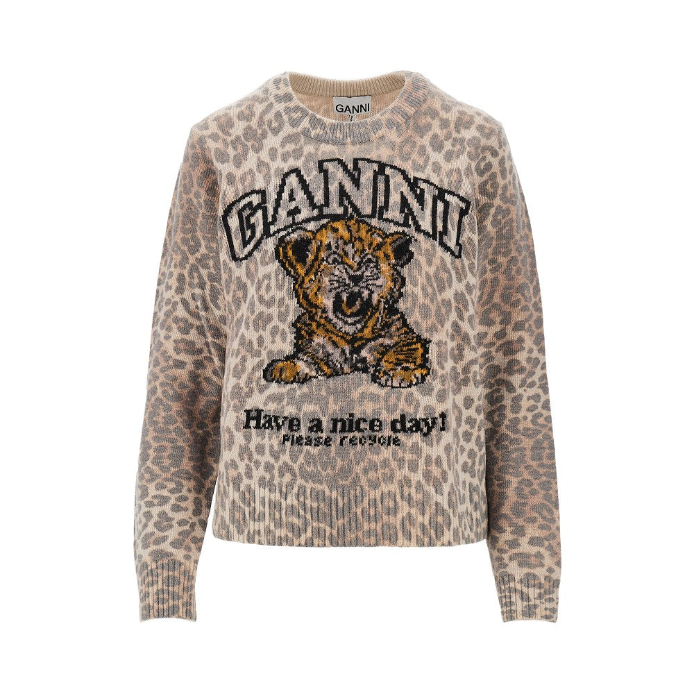 Ganni Wool-blend sweater with leopard motif