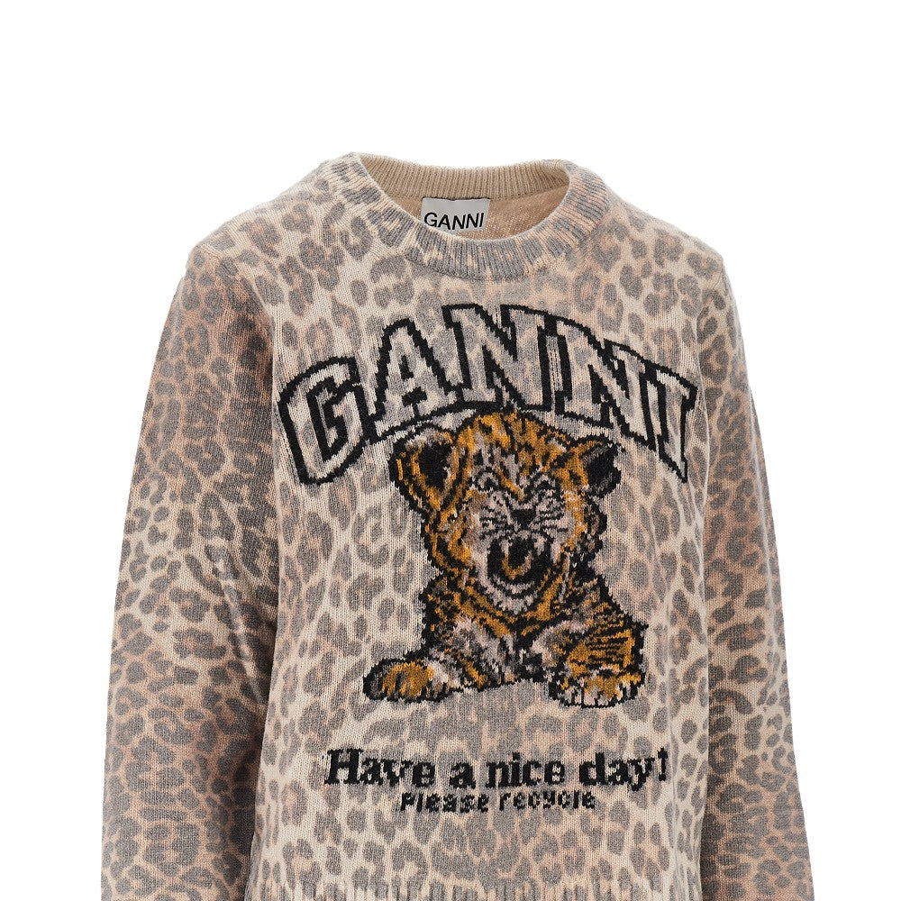 Ganni Wool-blend sweater with leopard motif