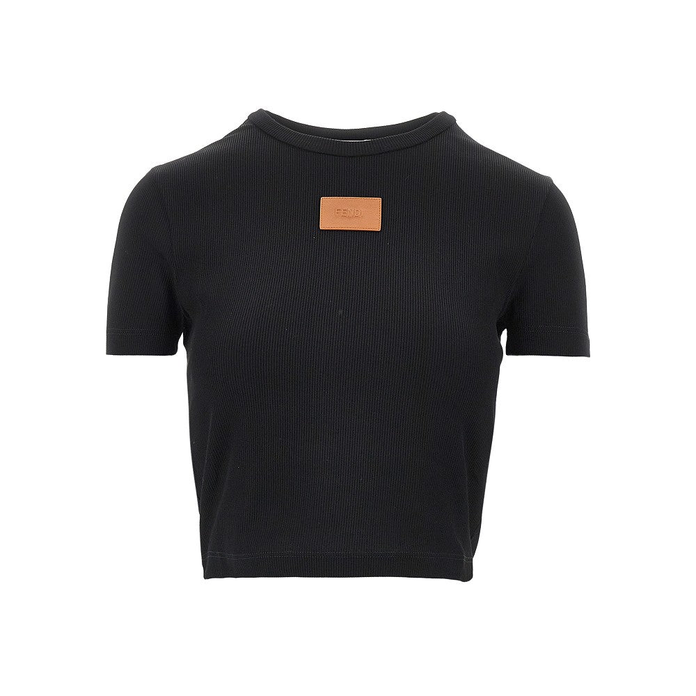 FENDI Cropped T-shirt with leather logo patch