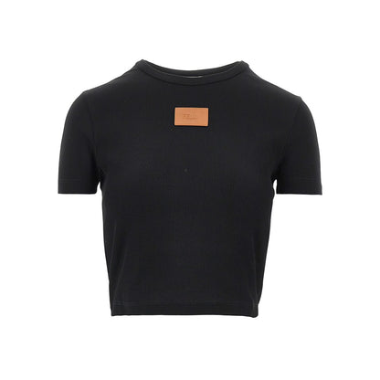 FENDI Cropped T-shirt with leather logo patch
