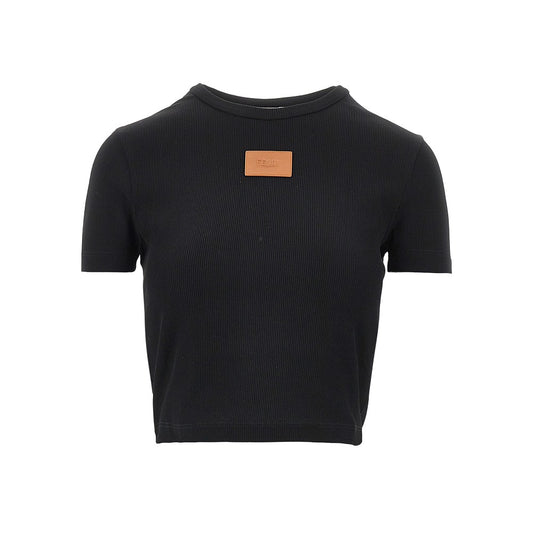 FENDI Cropped T-shirt with leather logo patch