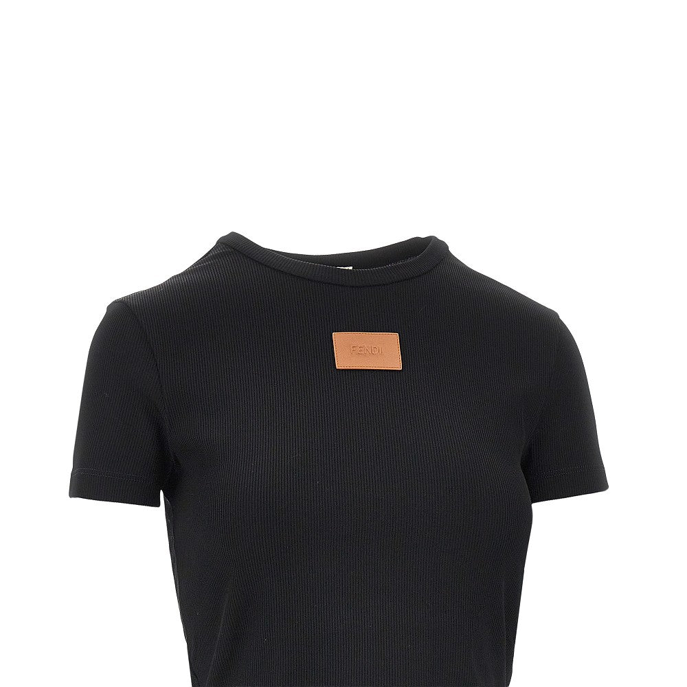 FENDI Cropped T-shirt with leather logo patch