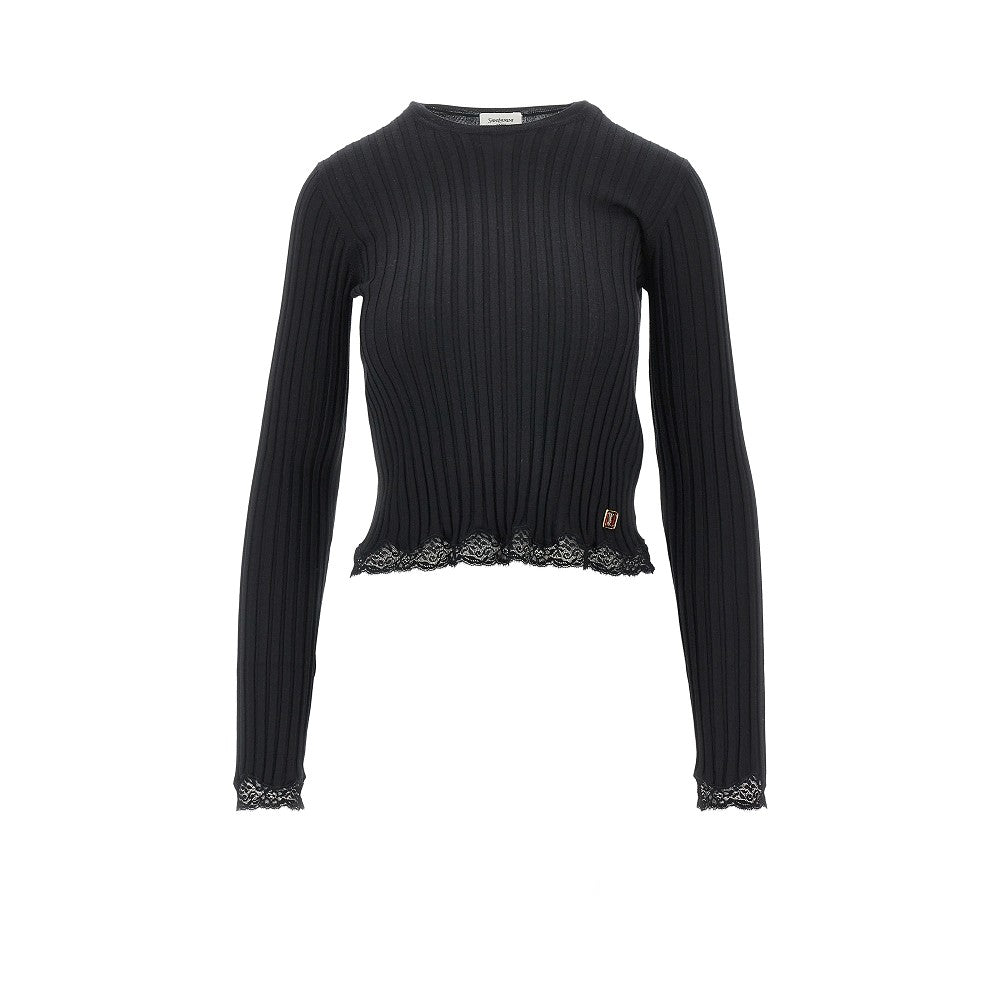 Saint Laurent Ribbed knit top with lace hem