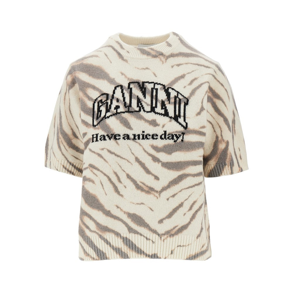 Ganni Knitted top with zebra-striped motif