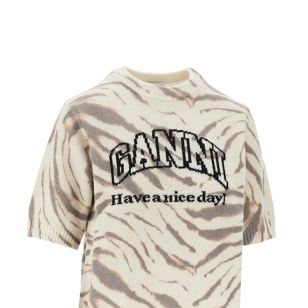Ganni Knitted top with zebra-striped motif