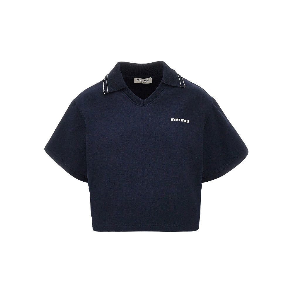 MIU MIU Short-sleeved cropped sweatshirt with collar