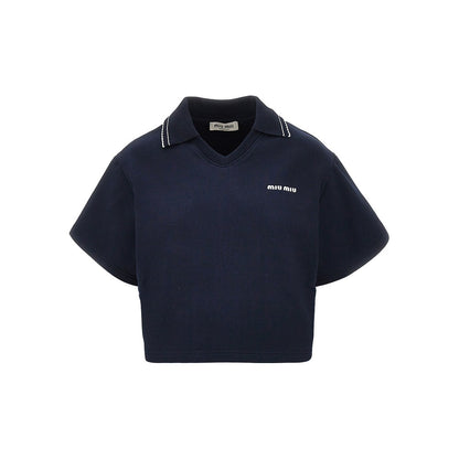 MIU MIU Short-sleeved cropped sweatshirt with collar
