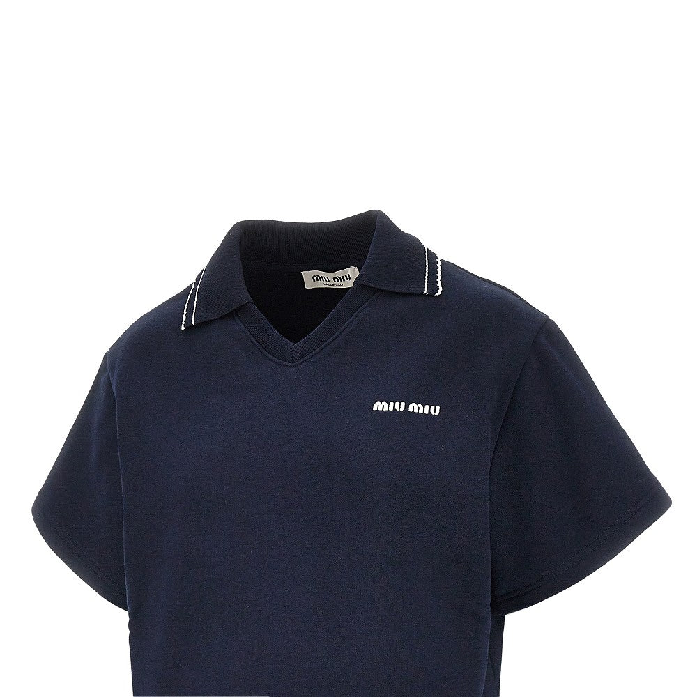 MIU MIU Short-sleeved cropped sweatshirt with collar
