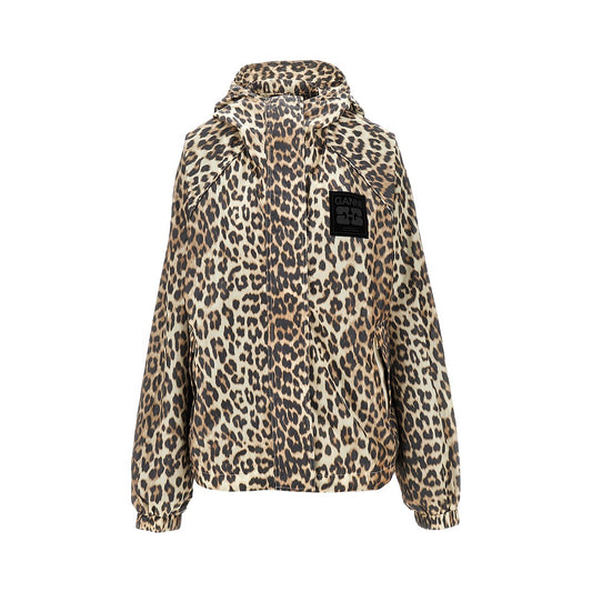 Ganni Leopard-print nylon hooded blouson jacket