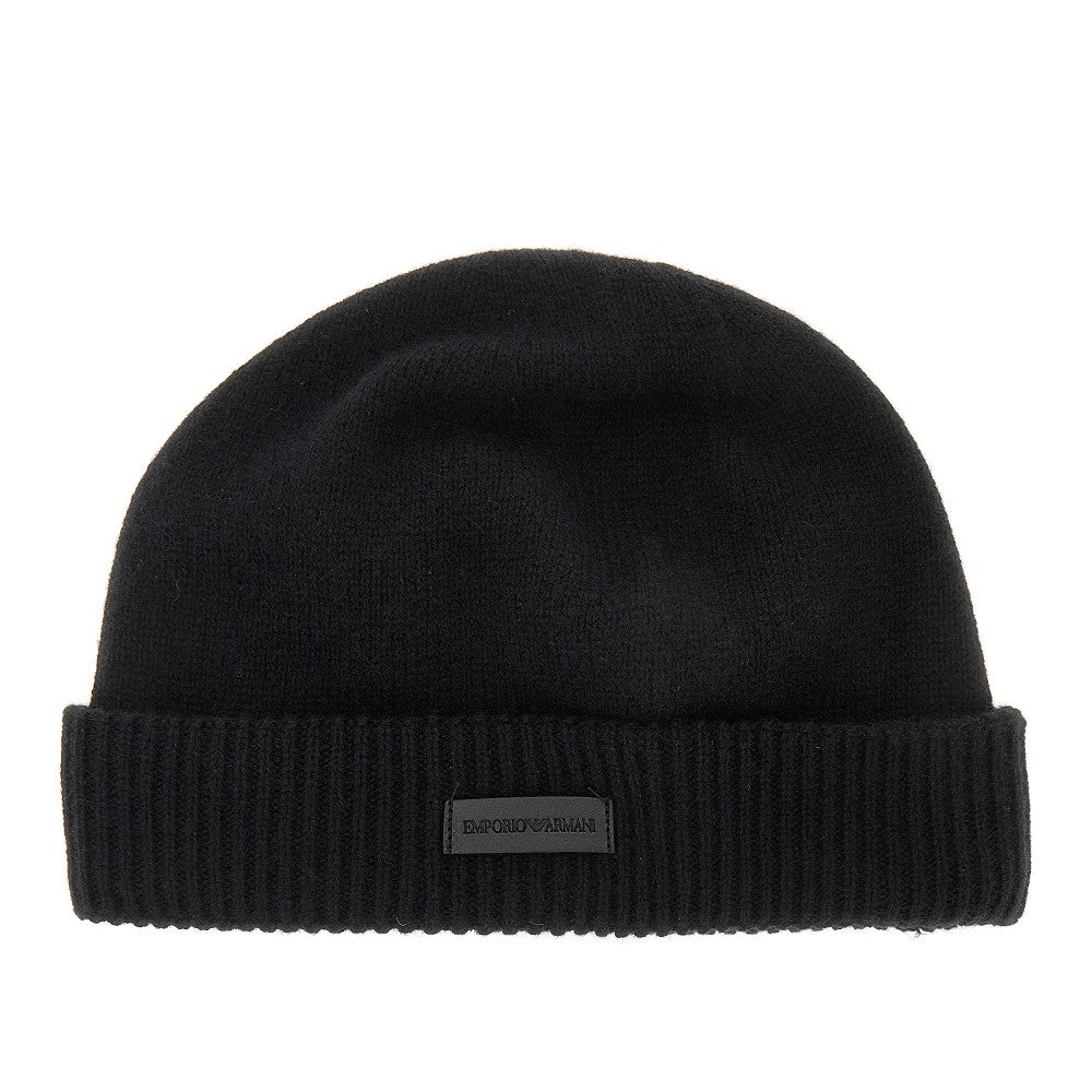 EMPORIO ARMANI Cashmere beanie hat with leather logo patch