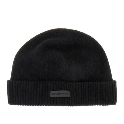 EMPORIO ARMANI Cashmere beanie hat with leather logo patch