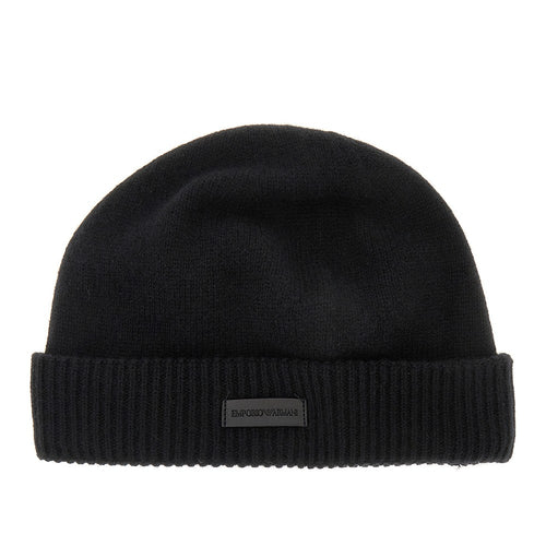 EMPORIO ARMANI Cashmere beanie hat with leather logo patch