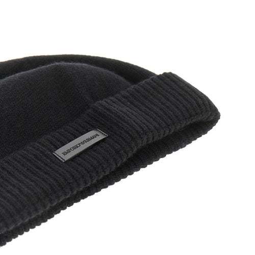 EMPORIO ARMANI Cashmere beanie hat with leather logo patch