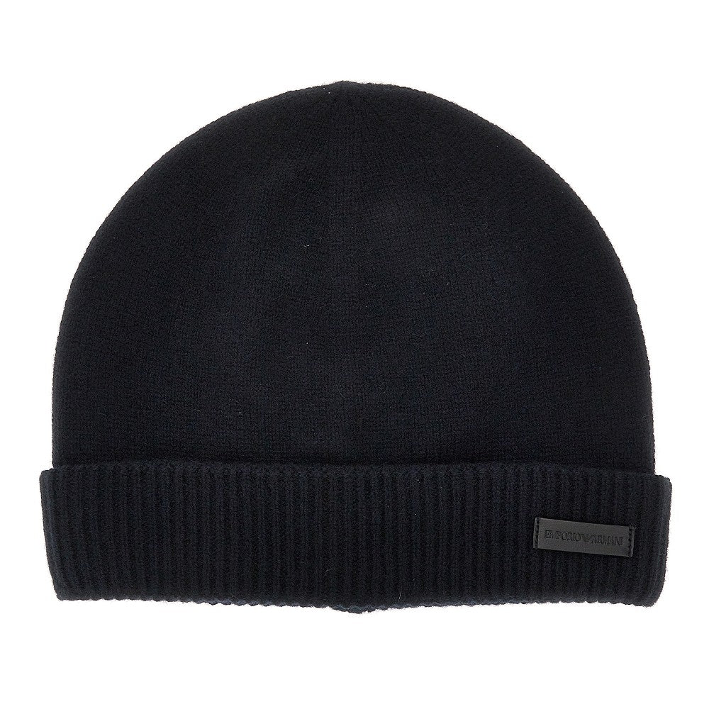 EMPORIO ARMANI Cashmere beanie hat with leather logo patch