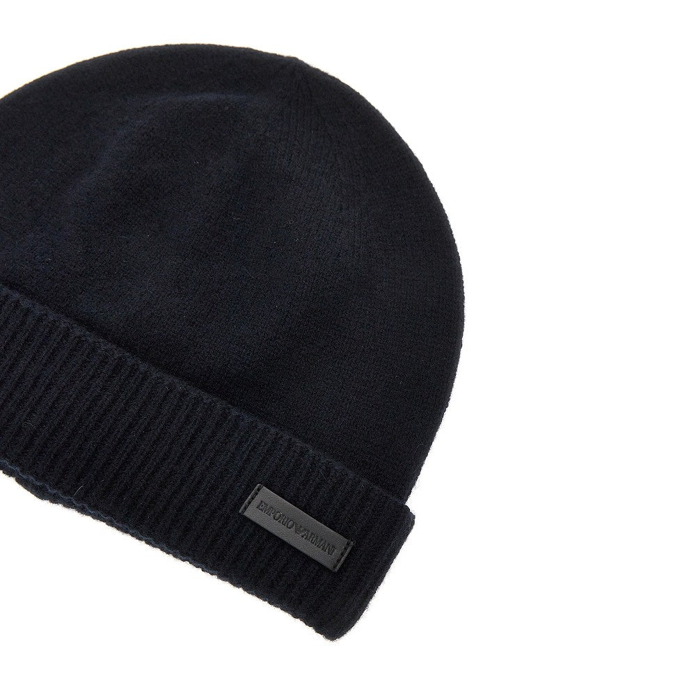EMPORIO ARMANI Cashmere beanie hat with leather logo patch