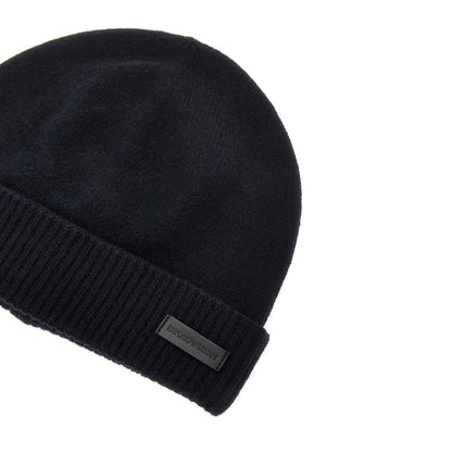EMPORIO ARMANI Cashmere beanie hat with leather logo patch