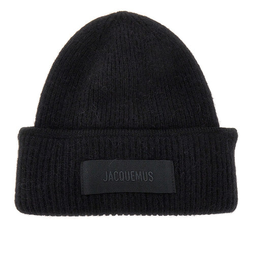 JACQUEMUS Knitted beanie hat with gros-grain logo