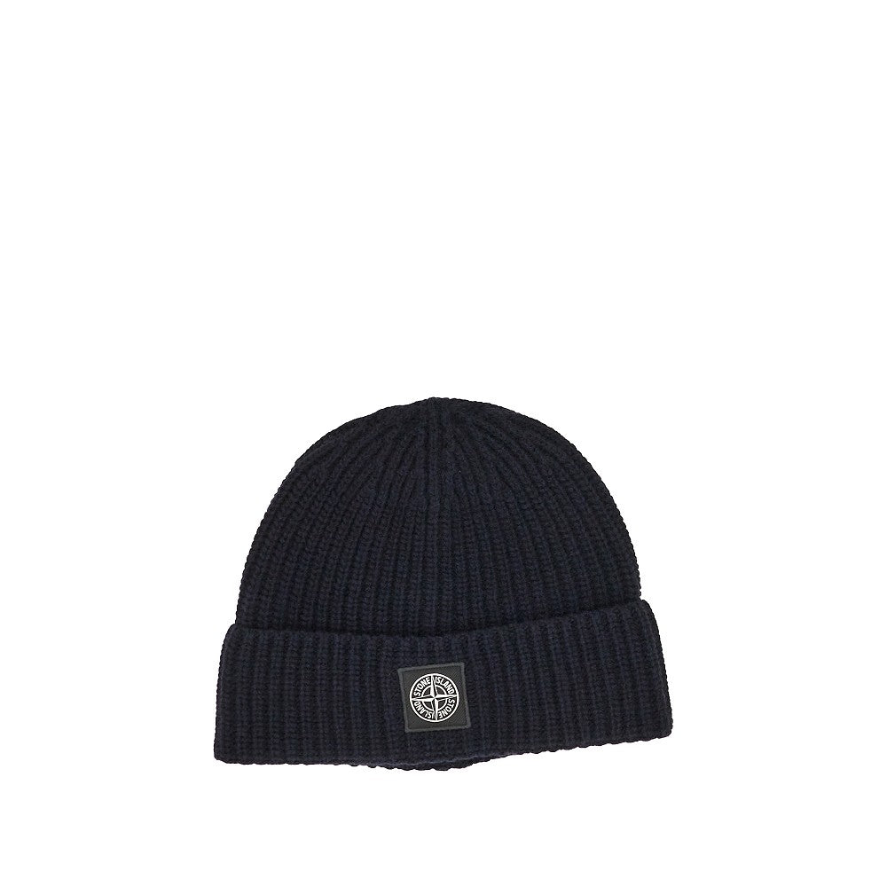 STONE ISLAND Virgin wool beanie hat with logo patch