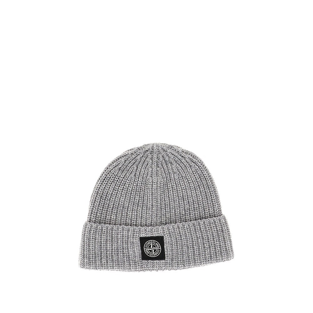 STONE ISLAND Virgin wool beanie hat with logo patch