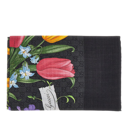 GUCCI Silk and wool-blend scarf with Flora print