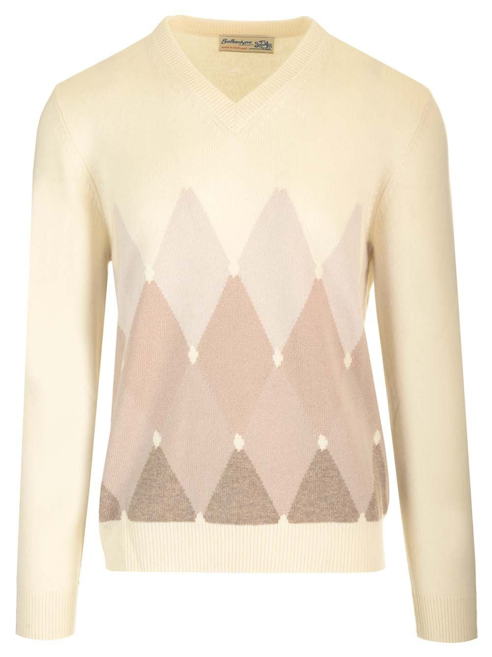 Ballantyne Double Yarn Cashmere Diamond Sweater - White