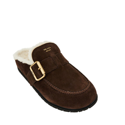PRADA Suede leather and shearling sabot