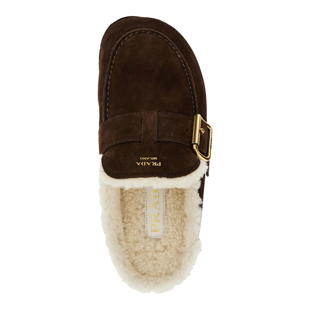 PRADA Suede leather and shearling sabot