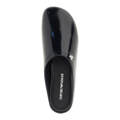 EMPORIO ARMANI Pantent and brushed leather mules