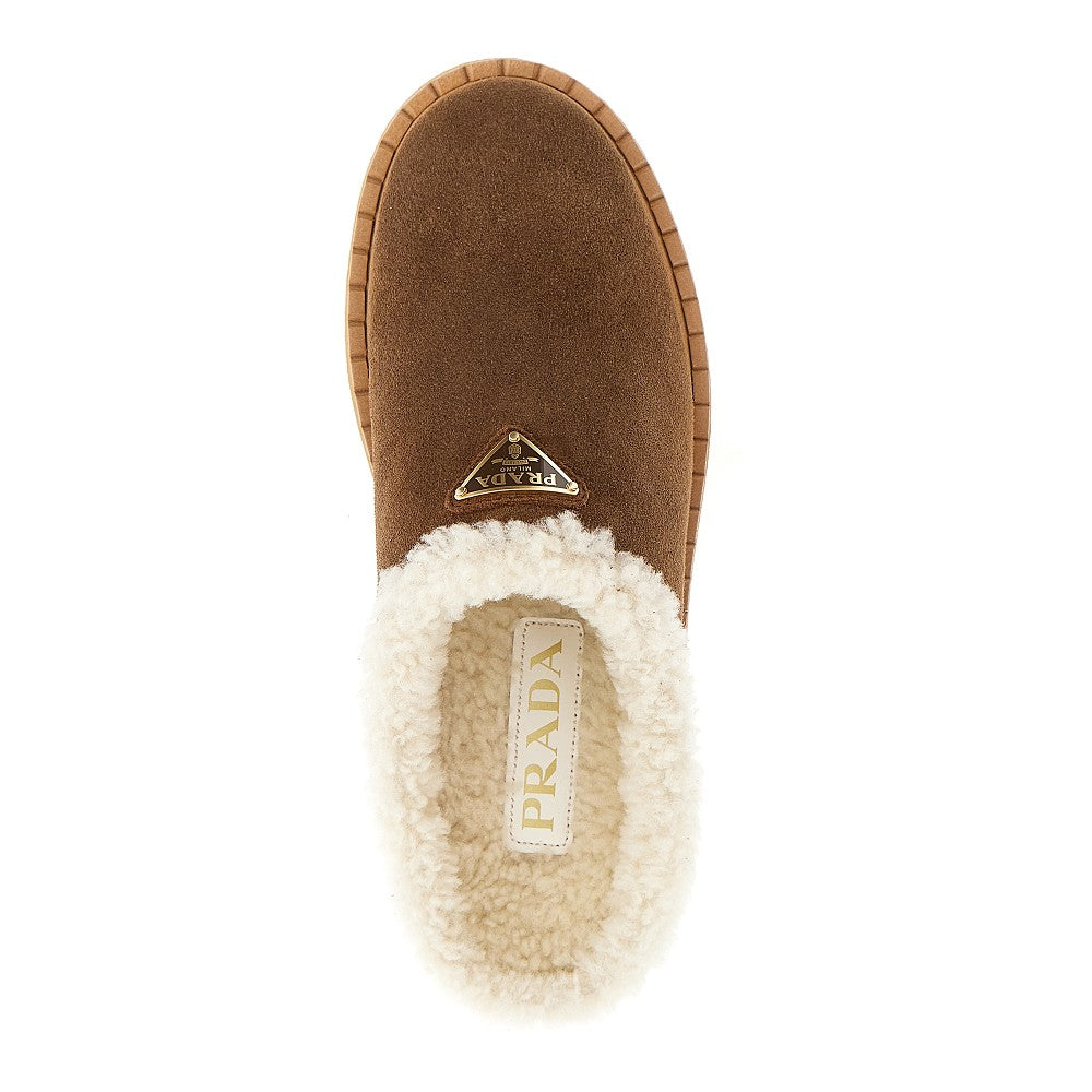 PRADA Shearling sabot with triangle logo